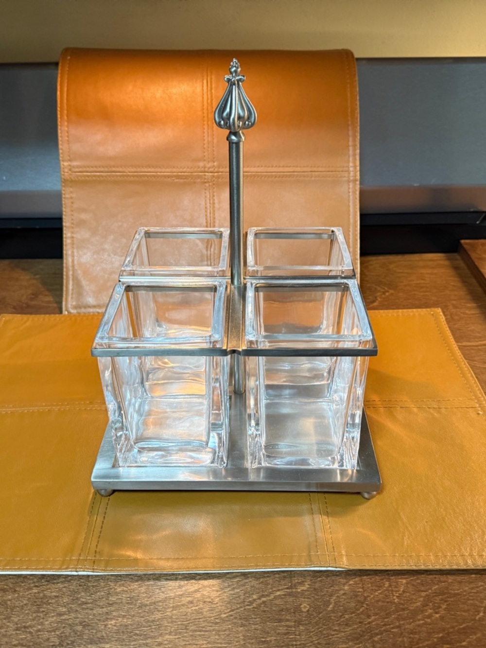 Southern Living At Home Glass Condiment Caddy with Silver Metal Frame